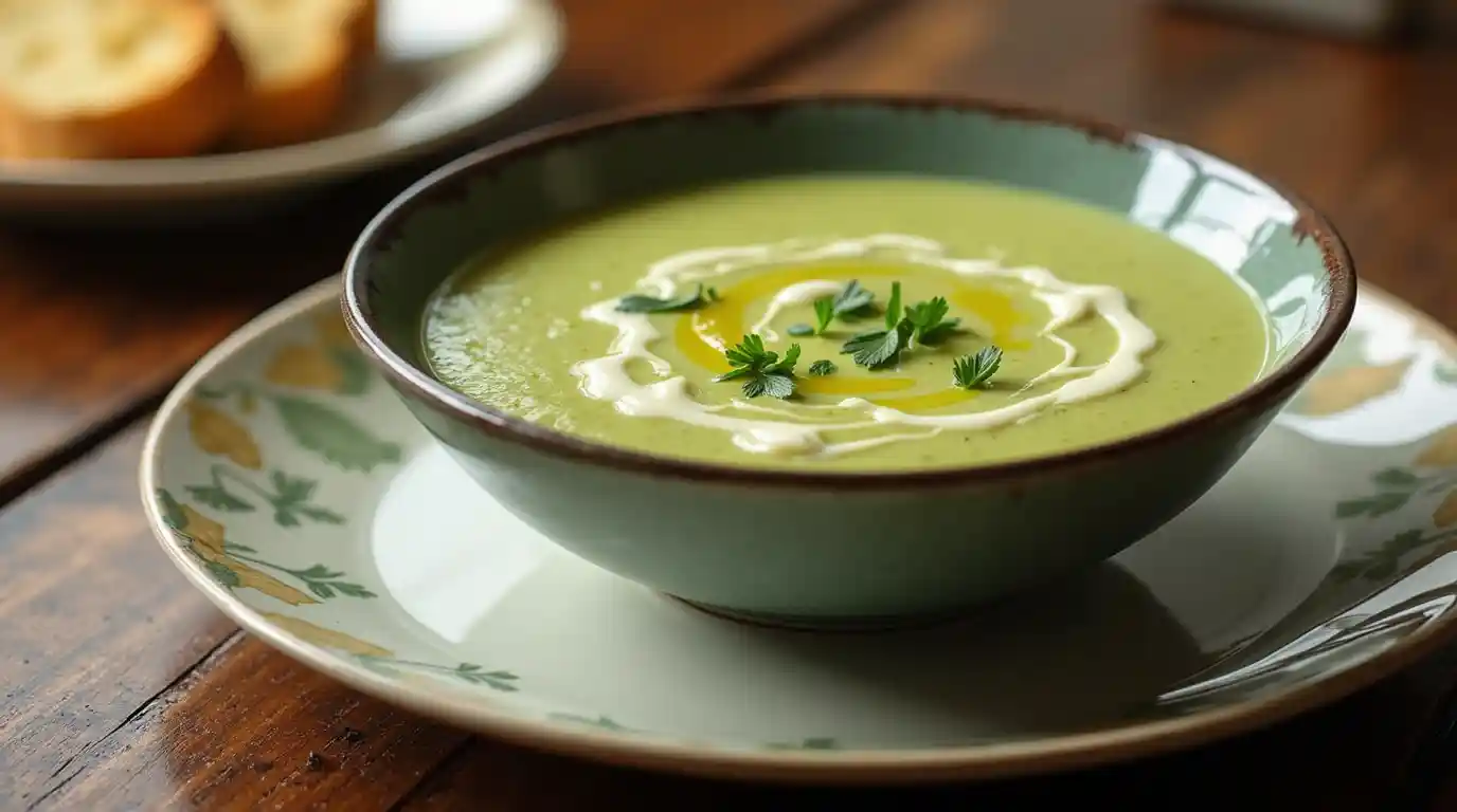 A beautifully plated bowl of Broccoli Feta Soup on a rustic wooden table, served with a slice of warm, crusty bread, drizzled with olive oil and garnished with finely chopped parsley under soft natural lighting.