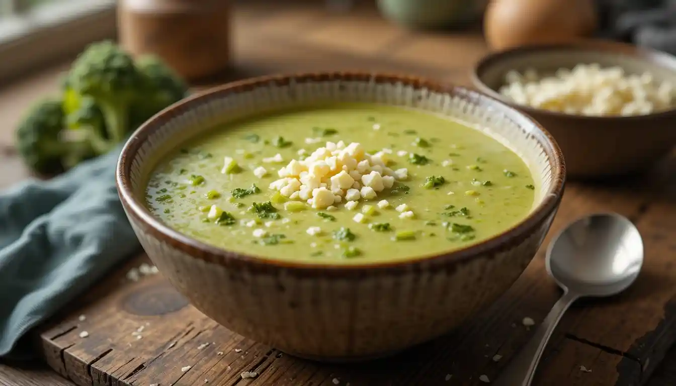 A creamy bowl of Broccoli Feta Soup on a rustic wooden table with soft natural lighting, showcasing a smooth texture without visible broccoli florets or feta on top.