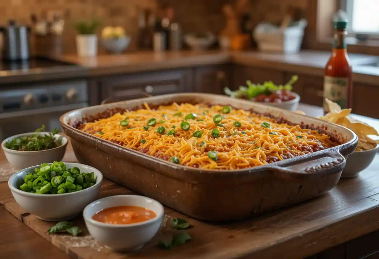 Realistic image of a rustic baking dish filled with a layered Frozen Burrito Casserole, surrounded by small bowls of shredded pepper jack cheese, diced bell peppers, jalapeño slices, crushed tortilla chips, fresh herbs, and a container of hot sauce on a wooden countertop.