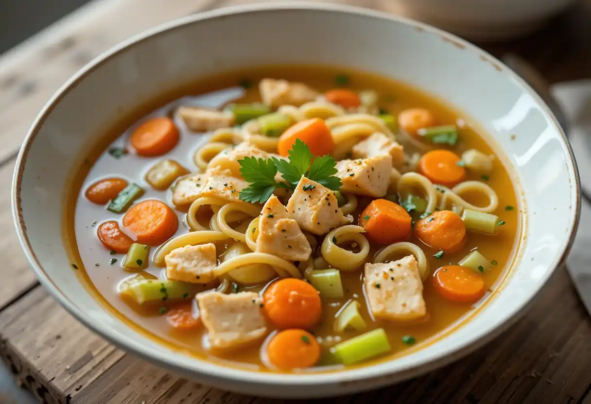 A photorealistic bowl of keto chicken noodle soup on a rustic wooden table, featuring tender chicken, vibrant carrots, crisp celery, and keto-friendly noodles in a clear broth, garnished with parsley and olive oil.
