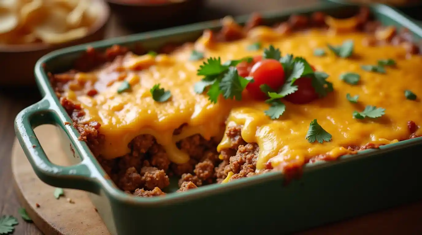 A warm taco potato casserole in a rustic ceramic dish with layers of diced potatoes, seasoned ground meat, melted cheddar cheese, and crunchy tortilla chips, garnished with cilantro and salsa.